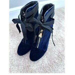 Zara TRF Midnight Blue Velvet Heeled Ankle Boots
